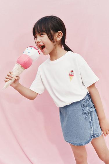 Zara 飾蝴蝶結牛仔短褲裙 - 中藍色