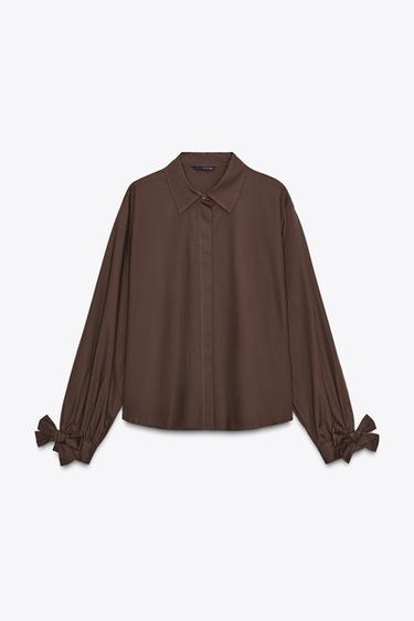 POPLIN SHIRT WITH TIES - Dark brown by Zara - Image 0