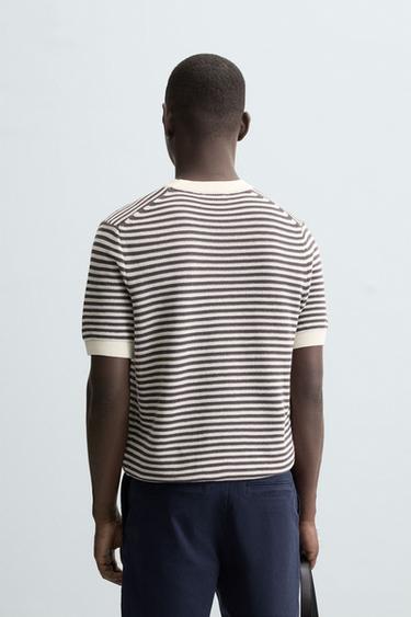 T-SHIRT EN MAILLE À DENTELLE RAYURES - Blanc / Gris de Zara - Image 2