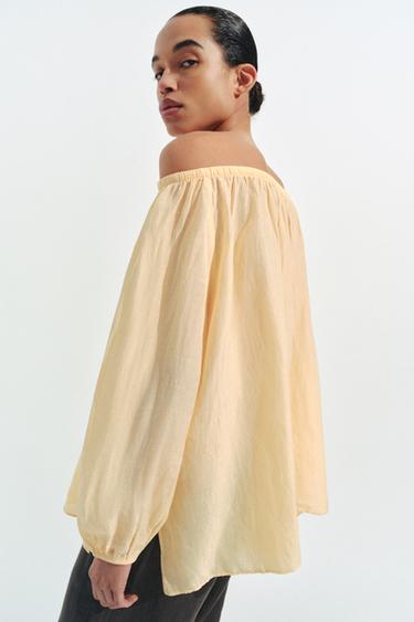 Zara LINEN BLEND BLOUSE ZW COLLECTION - Pastel yellow