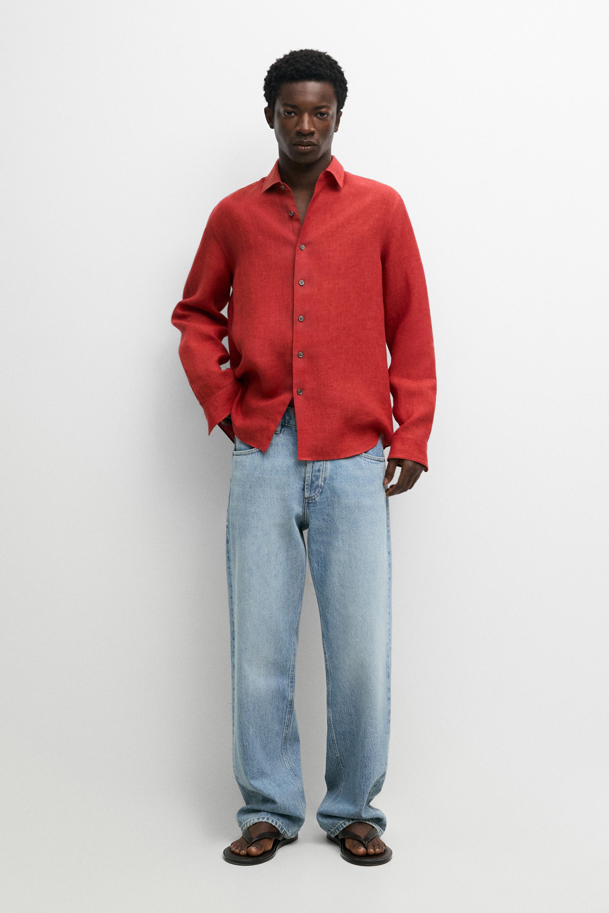 Regular fit 100% linen faded shirt — Red