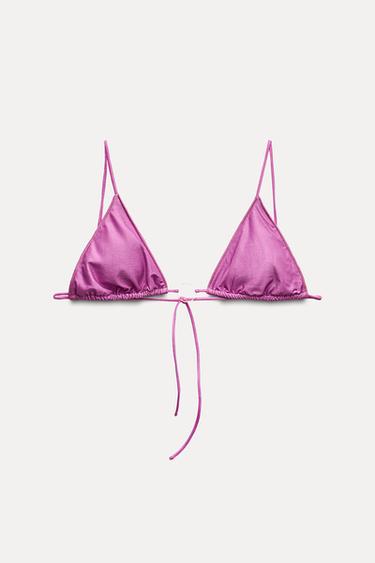 METALLIC THREAD TRIANGLE BIKINI TOP - Pink by Zara