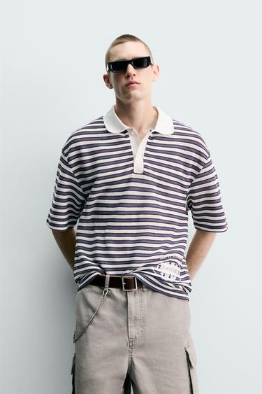 Zara 刺繡條紋提花 POLO 衫 - 藍色 / 白色