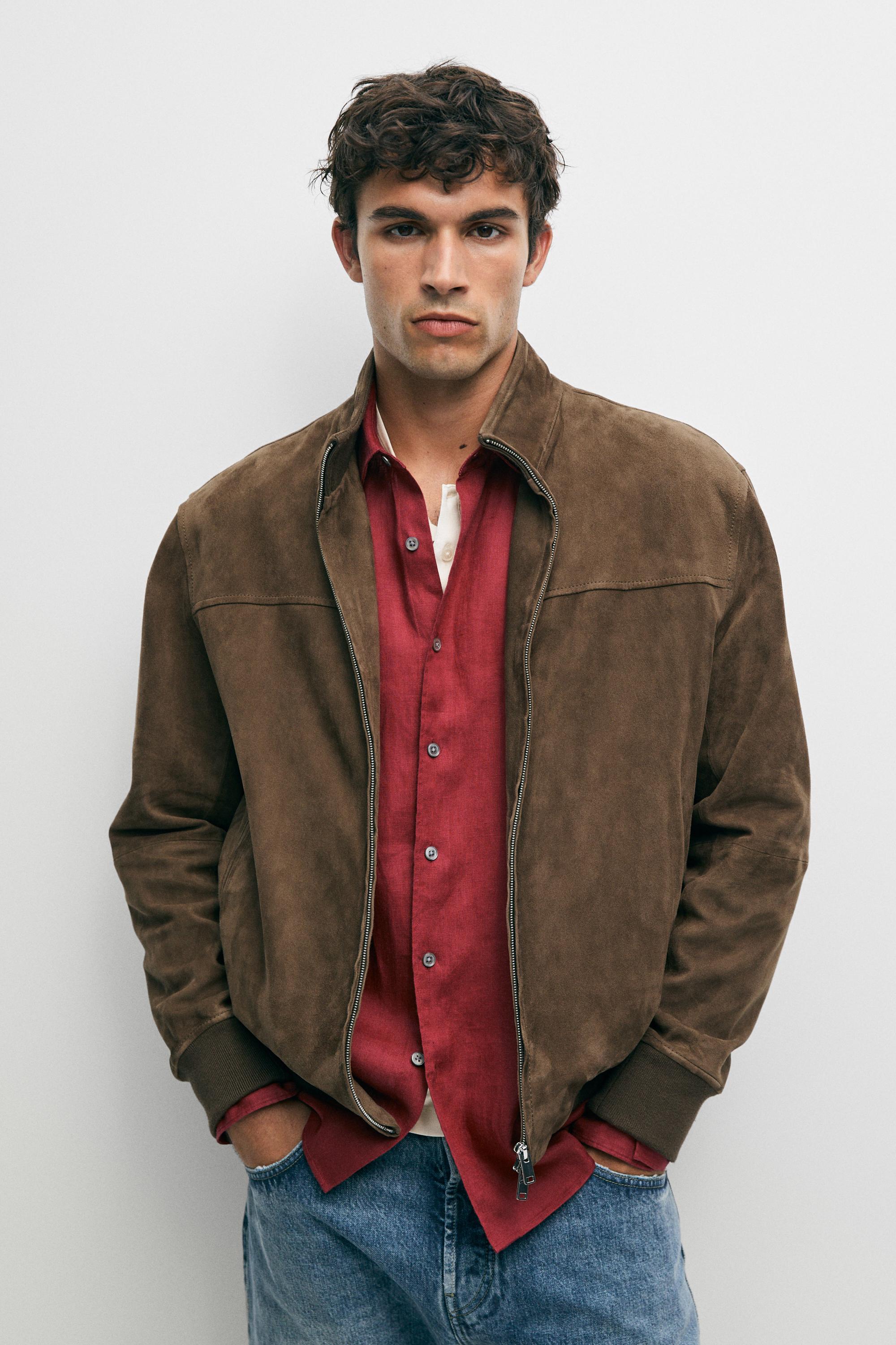 Blouson bomber en cuir et daim
