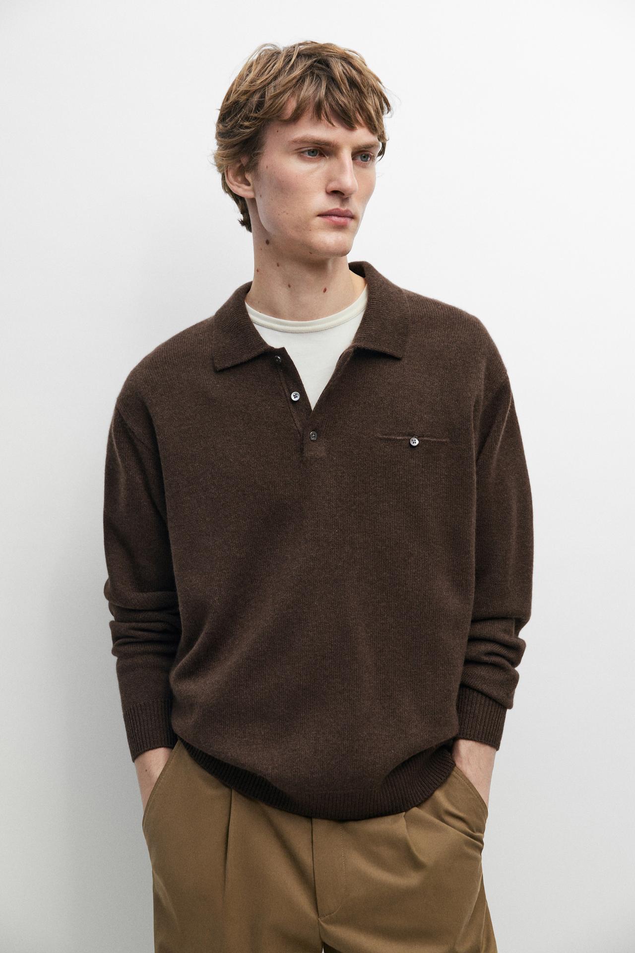 Knit pocket detail polo sweater — Brown / White