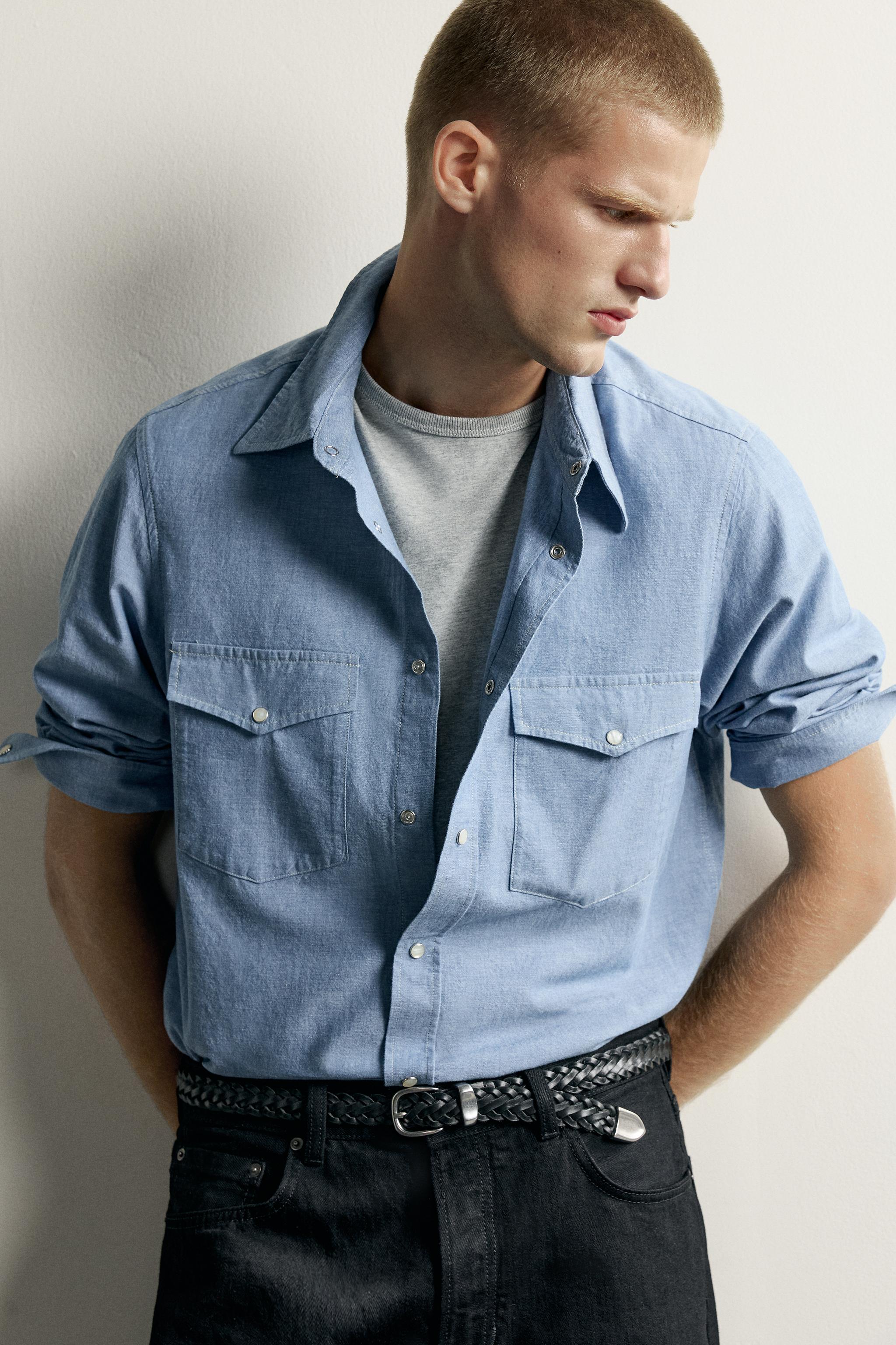 Мужские рубашки Zara CHAMBRAY RELAXED FIT POCKET SHIRT — фото 5
