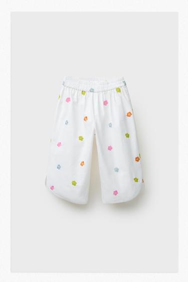 PANTALON EN POPELINE FLEURS BRODÉES - Blanc cassé de Zara