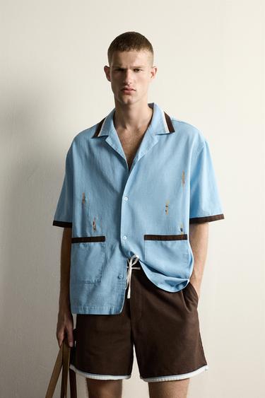 Zara SWIMMER EMBROIDERY RELAXED FIT SHIRT - Sky blue