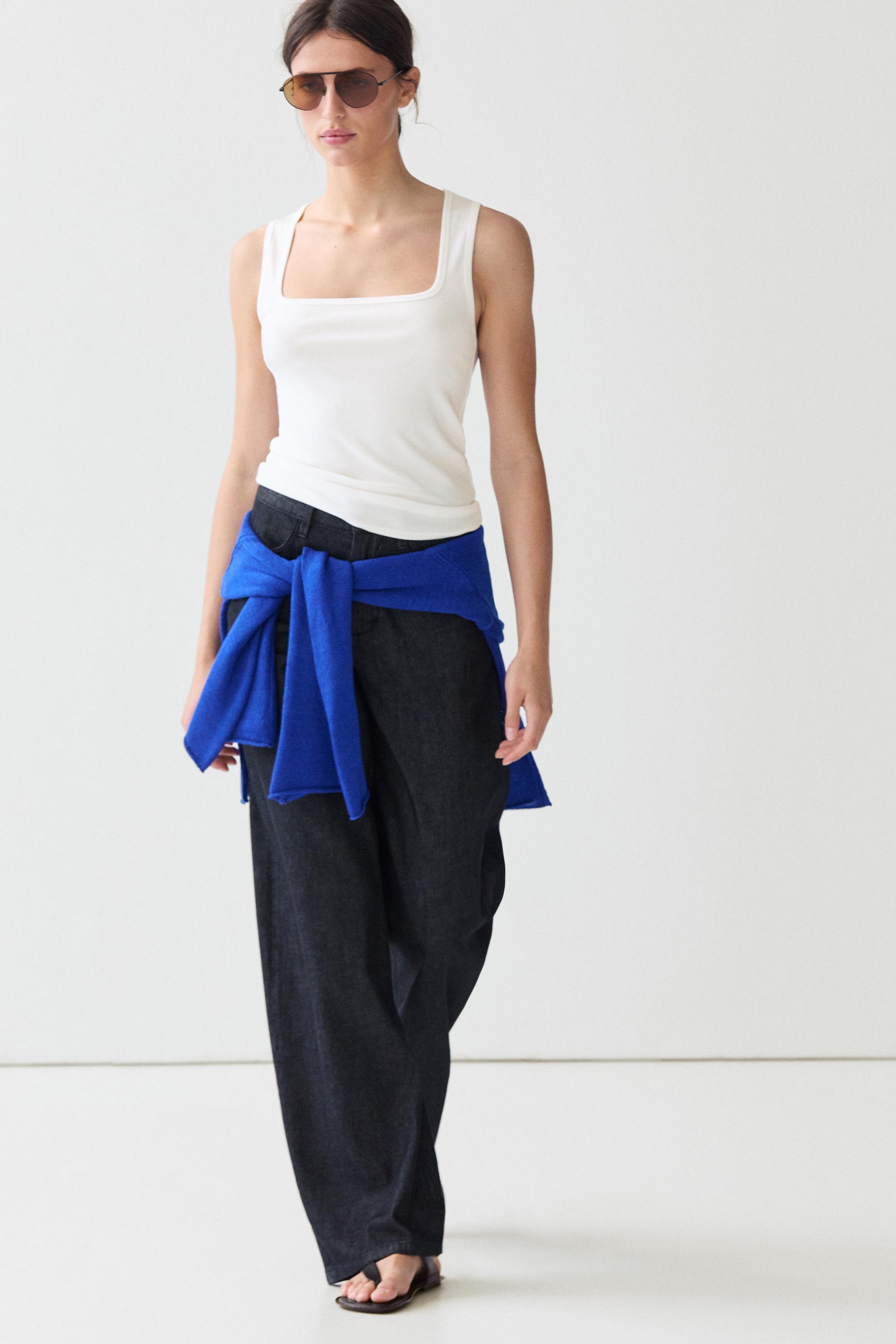 Cotton blend square neck top — Oyster-white