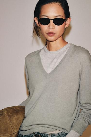 ΠΟΥΛΟΒΕΡ V-NECK 100% ΜΑΛΛΙ EXTRA SOFT - Γκρι μπλε του Zara