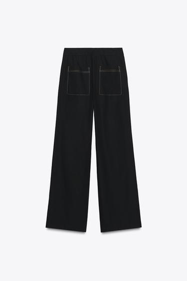 Zara STRAIGHT LEG PANTS WITH CONTRASTING TOPSTITCHING - Black