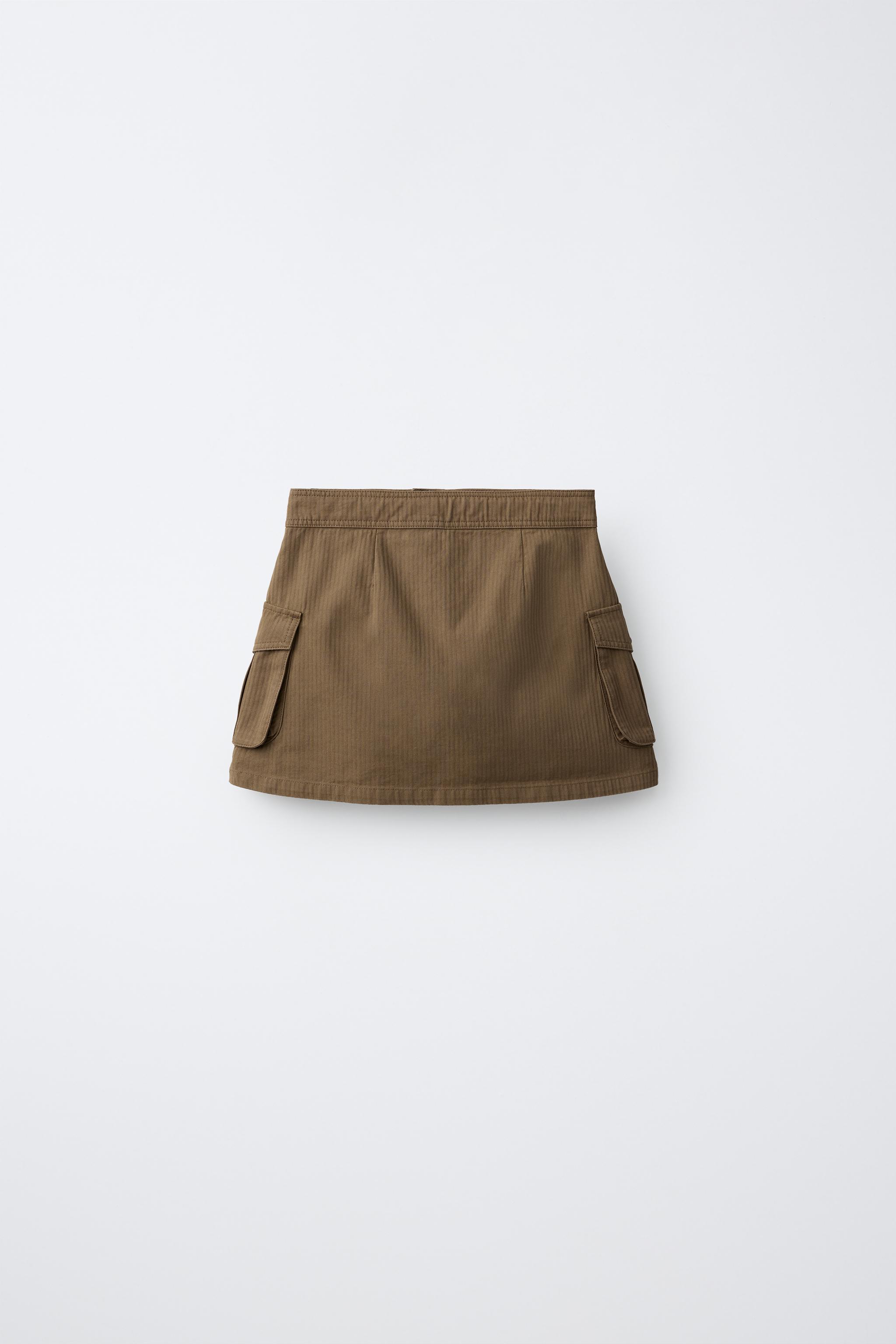 STRIPED CARGO POCKET SKIRT — Brown