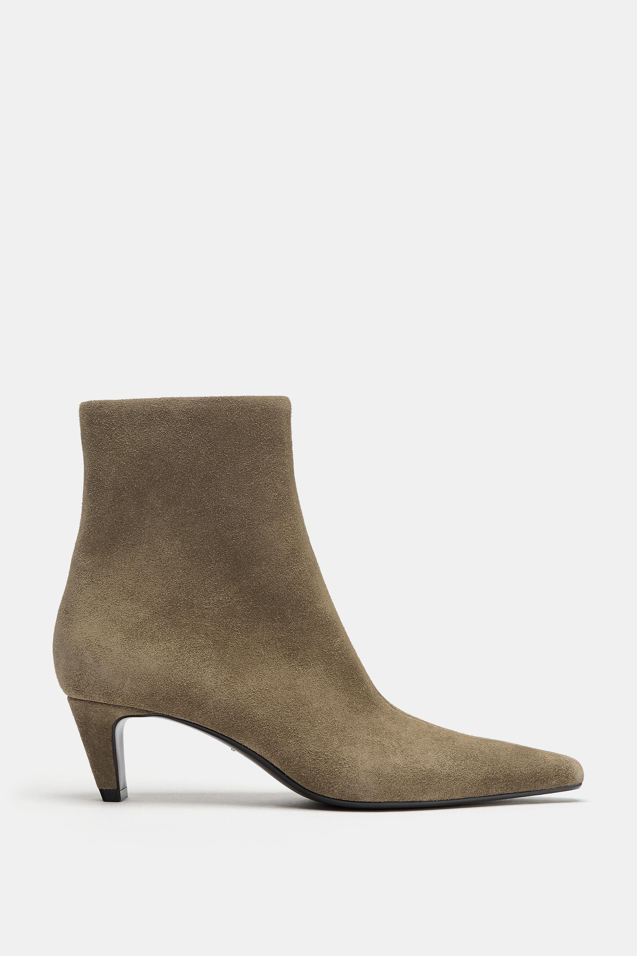 SPLIT SUEDE KITTEN-HEEL ANKLE BOOTS — Taupe Grey