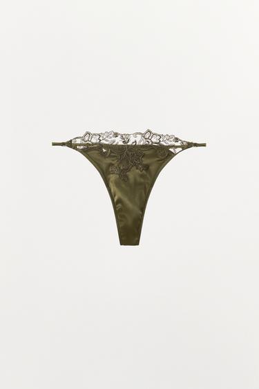TANGA SATINÉ EN DENTELLE - Vert de Zara