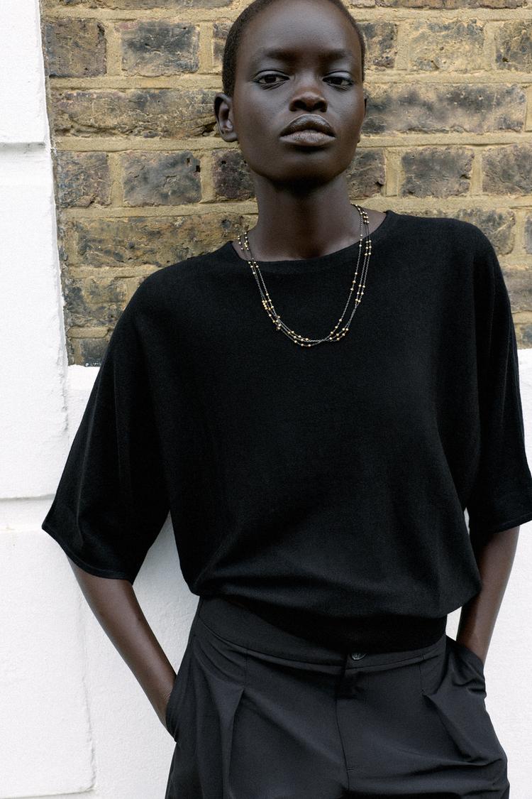 THREE-QUARTER SLEEVE KNIT JUMPER — Black