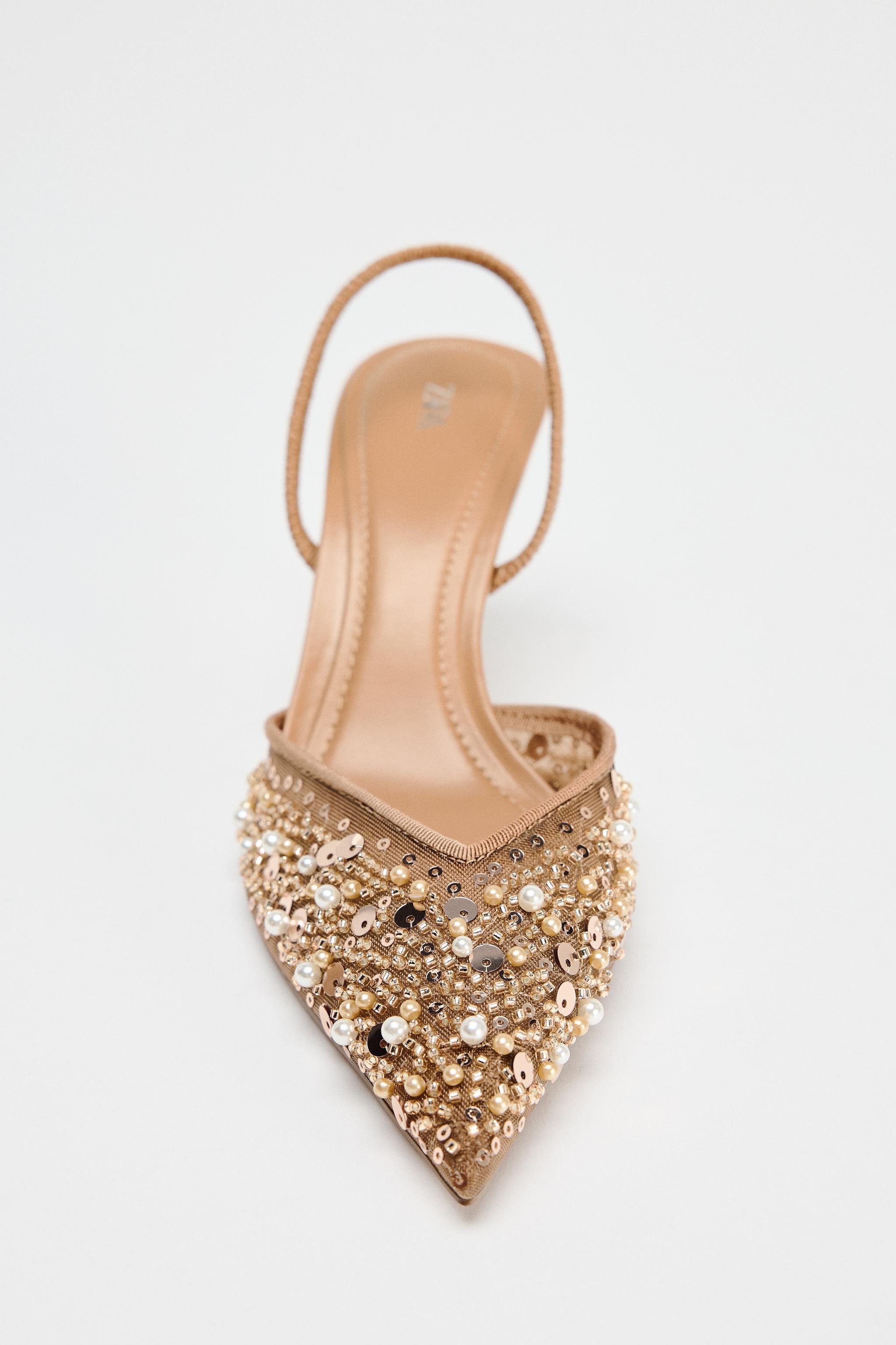 BEADED MESH SLINGBACK HEELS - Light beige | ZARA United States
