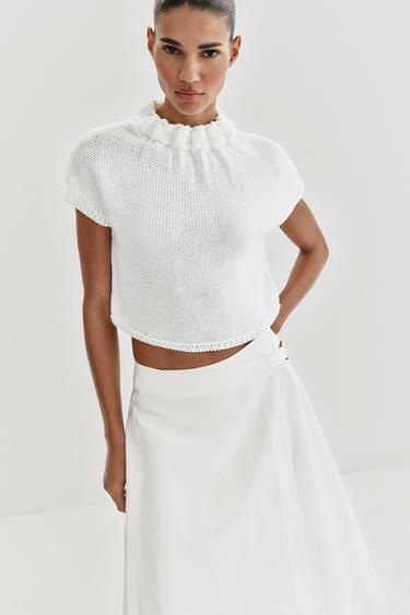 Zara GATHERED NECK KNIT TOP - White