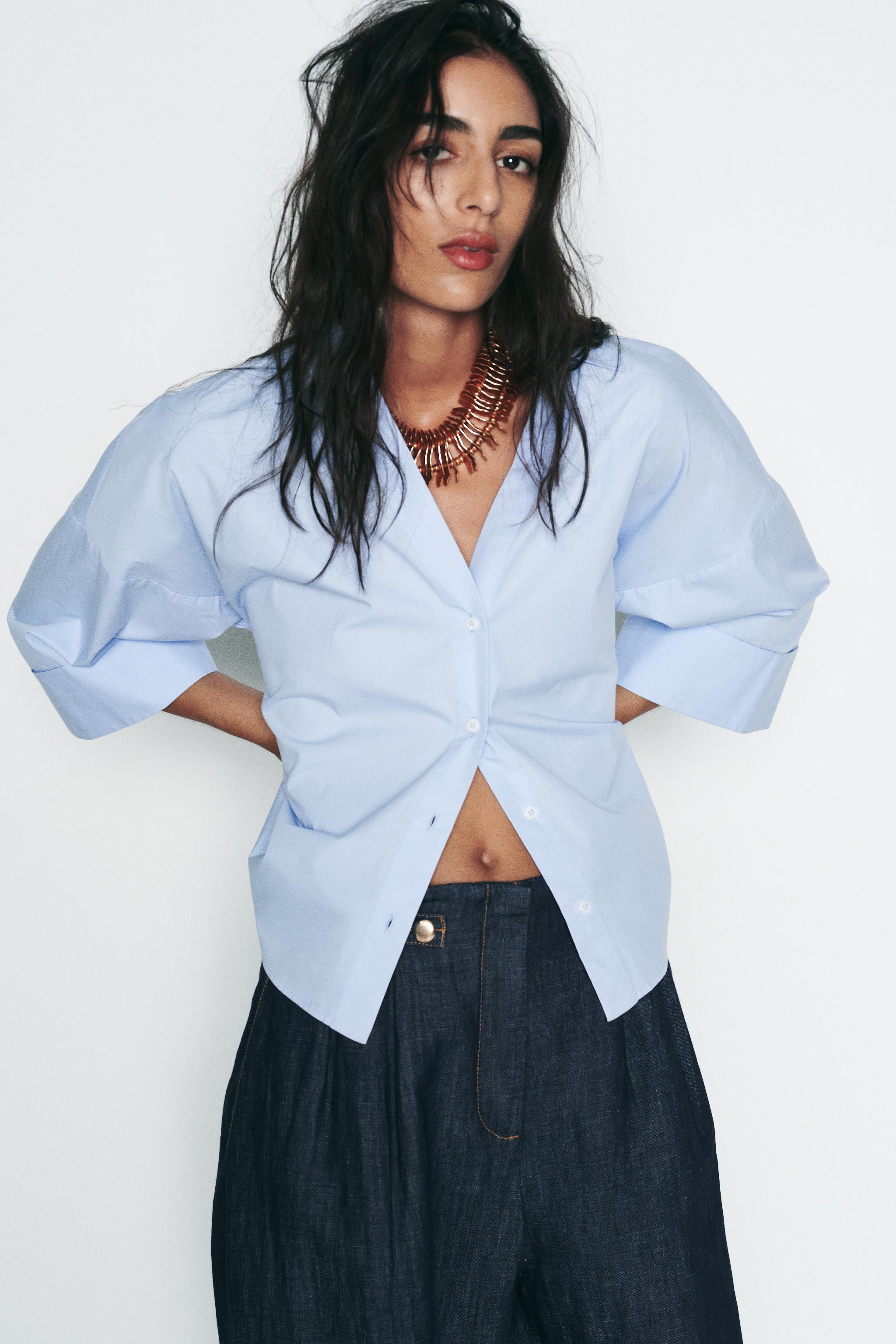 POPLIN SHIRT WITH VOLUMINOUS SLEEVES - Mid-blue | ZARA United States