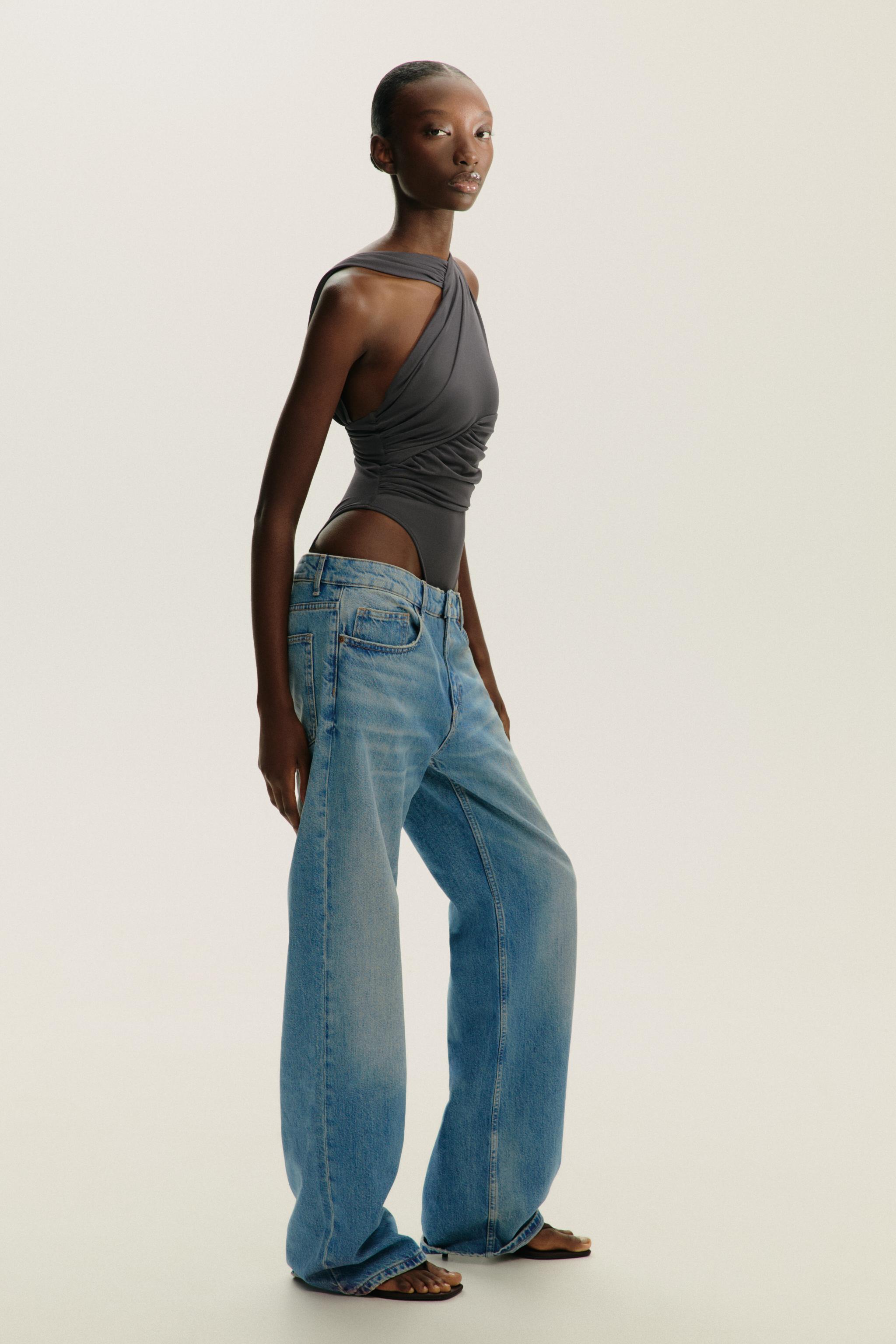 ドレープ入りアシンメトリーチュールボディスーツ - ダークブラウン