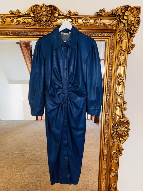 zara blue faux leather dress SHIRT SECOND HAND over straps