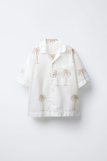 CAMISA CON LINO Y ALGODÓN PALMERAS BORDADAS - Crudo de Zara - Imagen 0