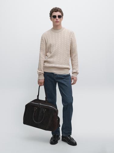 Zara Cable-knit 100% cotton sweater with crew neck - Stone