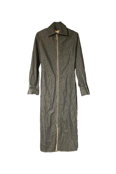 Front view of a grey coat with a zip fastening and a high neck.