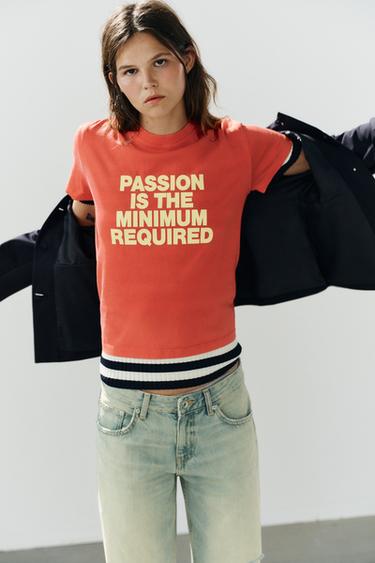 Zara WASHED EFFECT TEXT T-SHIRT - Red