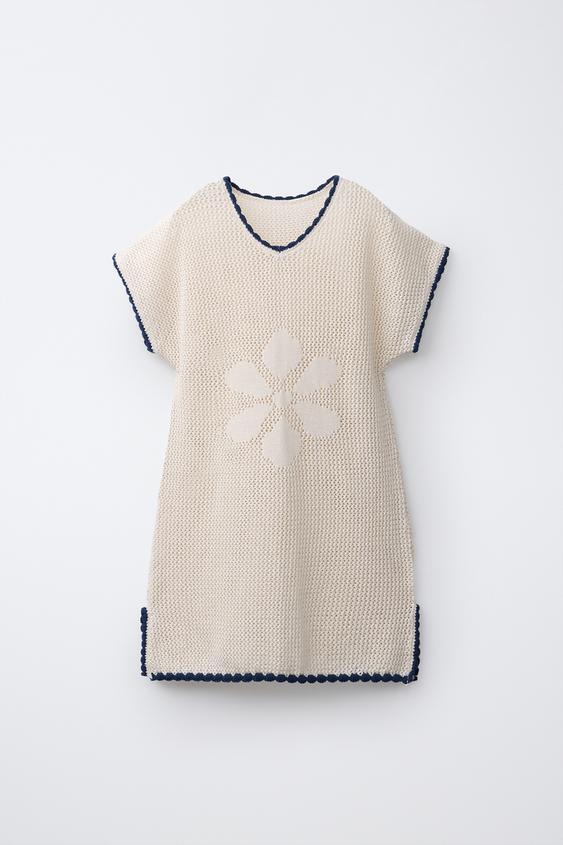 FLORAL CROCHET KNIT KAFTAN - Ecru / Blue by Zara - Image 0