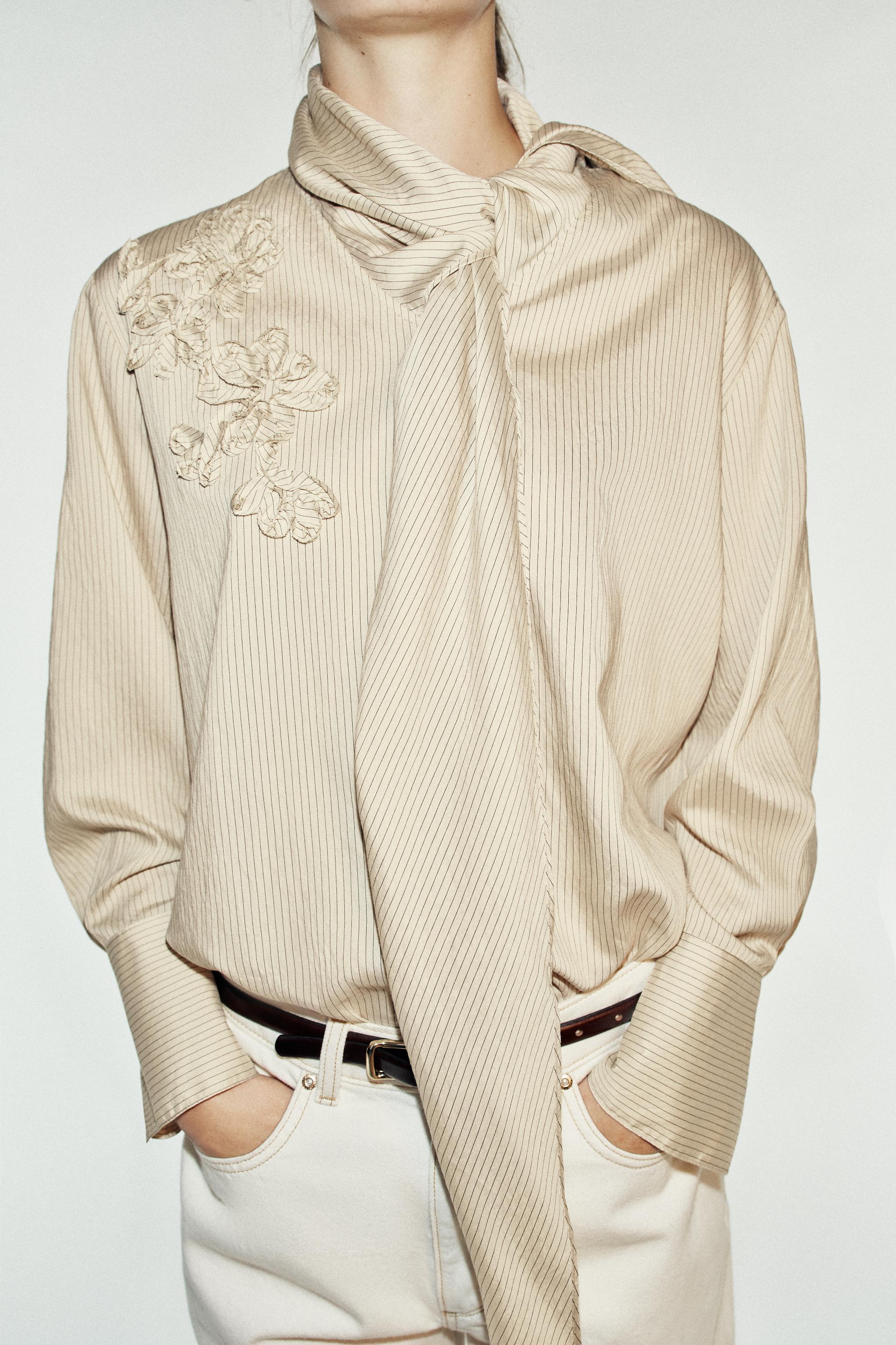 STRIPED TIE SHIRT — Beige