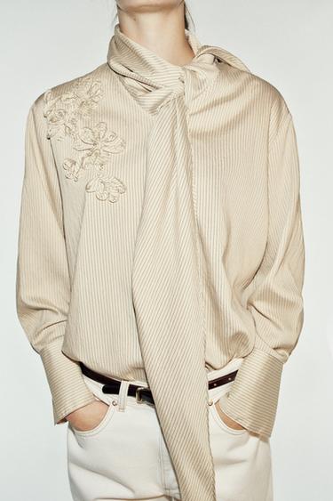 STRIPED TIE SHIRT — Beige 1