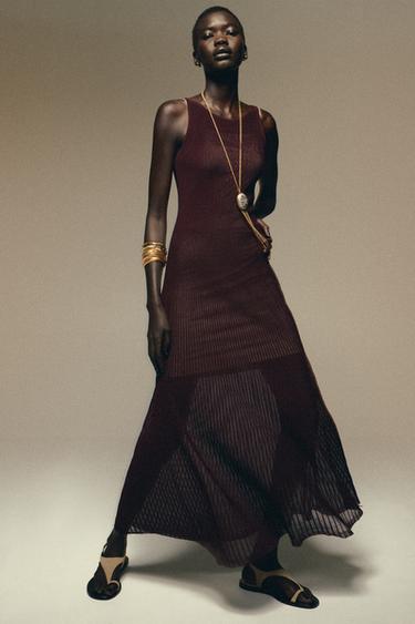 VESTIDO LARGO PUNTO RIB - Granate de Zara