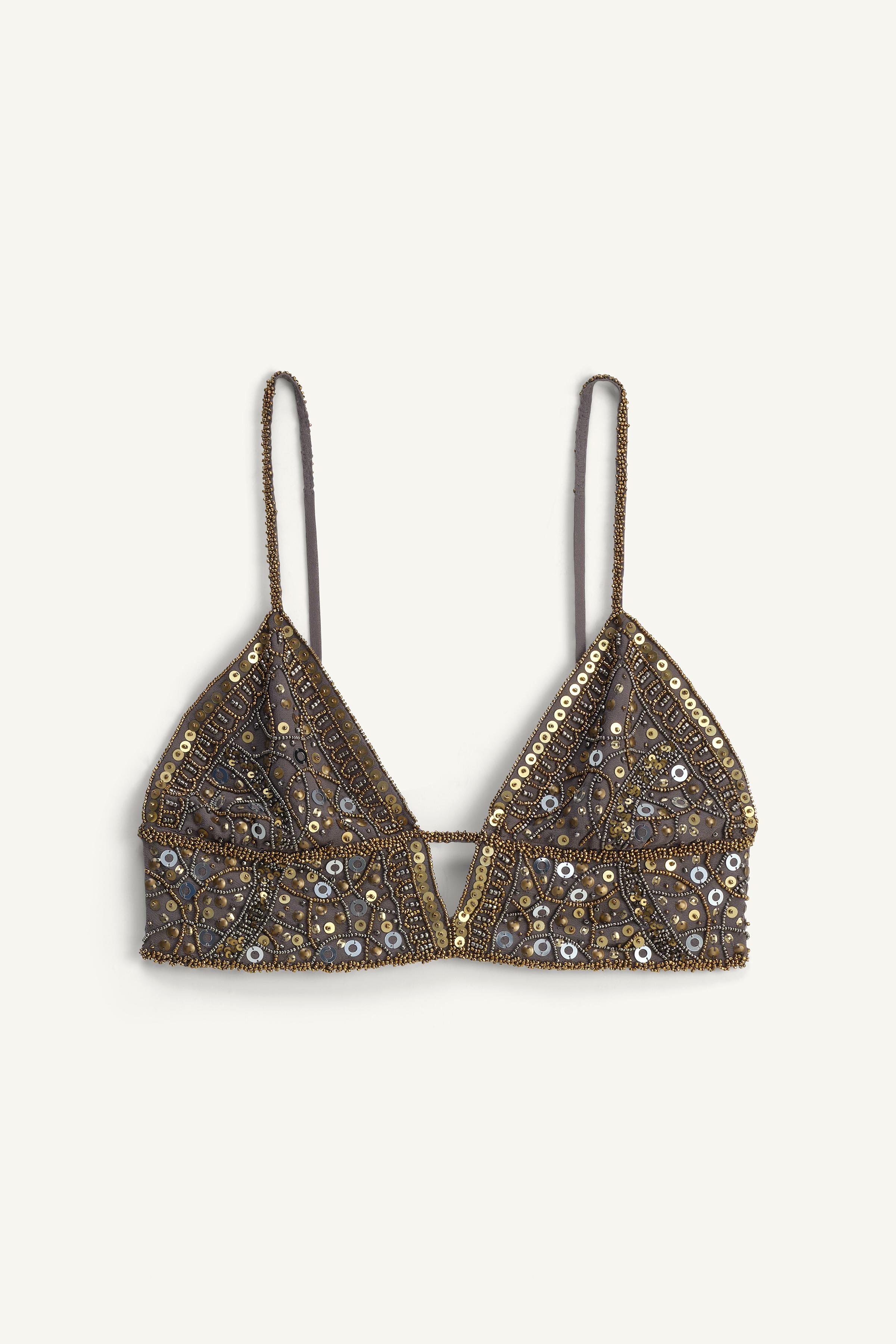 すぐ届く☆ZARA LIMITED EDITION ビーズ付きトライアングルブラ LIMITED EDITION EMBROIDERED TRIANGLE BRALETTE - Golden