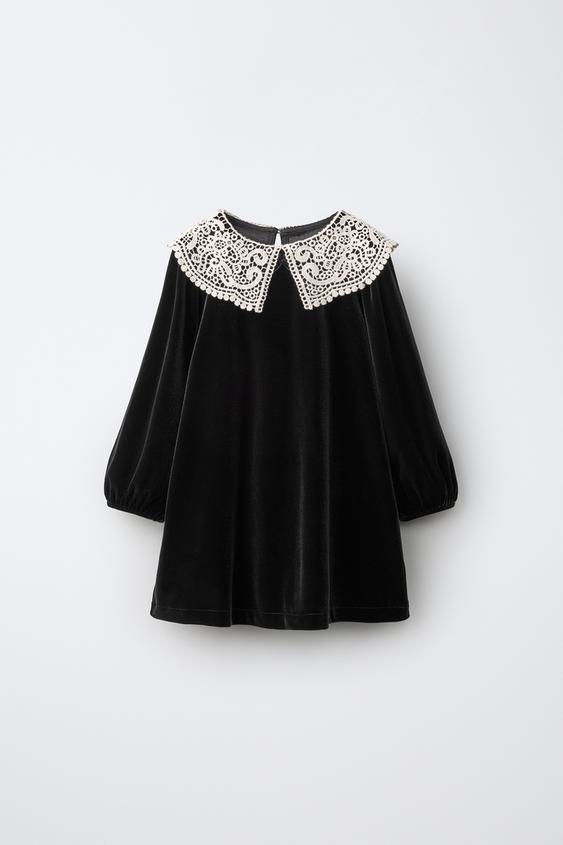 VELVET DRESS WITH CROCHET COLLAR - Black by Zara - Image 0