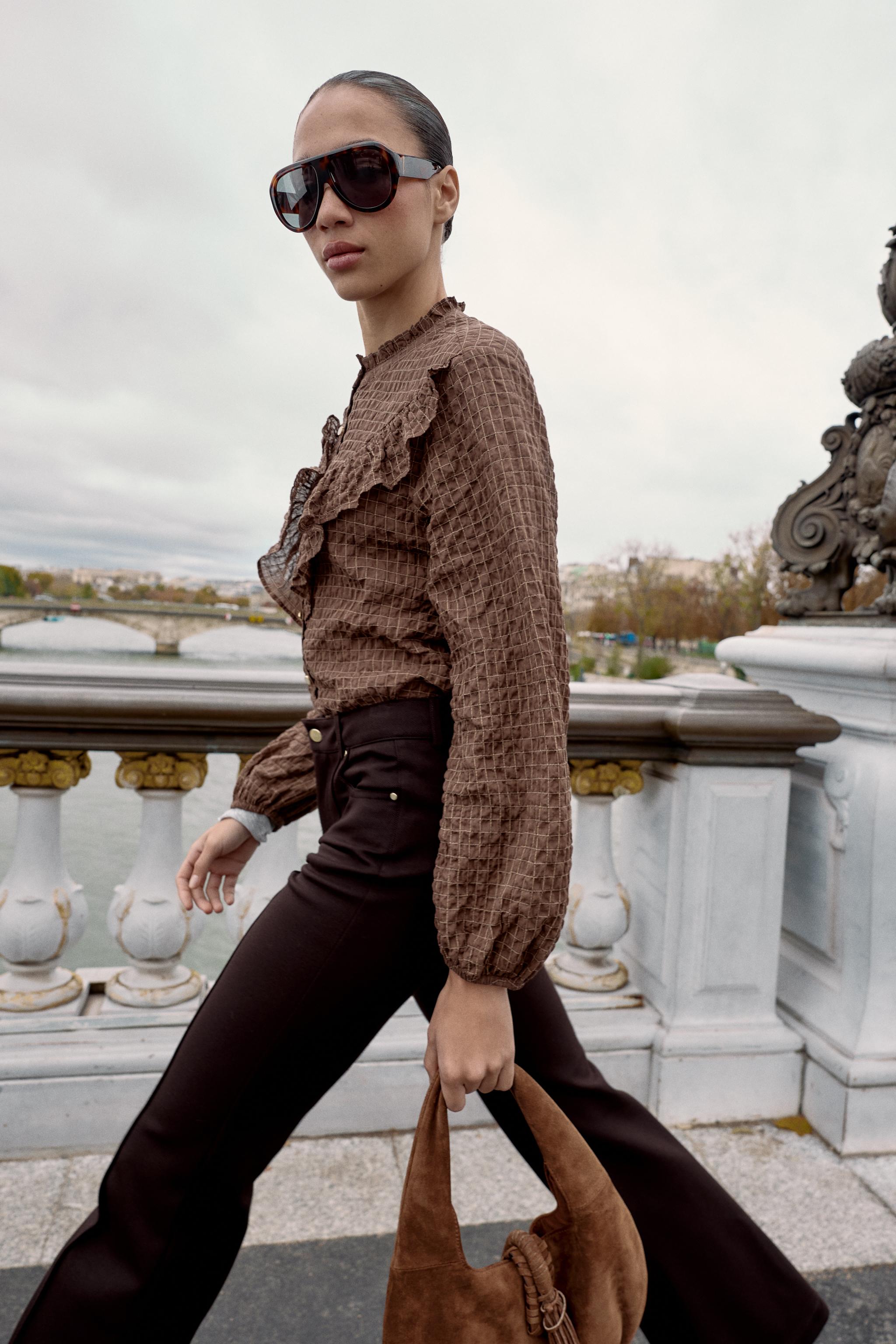 RUFFLED CHECK BLOUSE - Brown / Ecru | ZARA South Africa