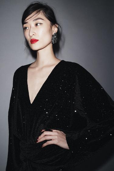 ZW COLLECTION SEQUIN SHOULDER PAD DRESS - Black by Zara