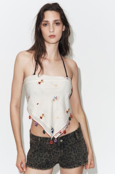 BLOMSTRET TØRKLÆDE MED HÆKLEDE PERLER - råhvid fra Zara - Billede 0