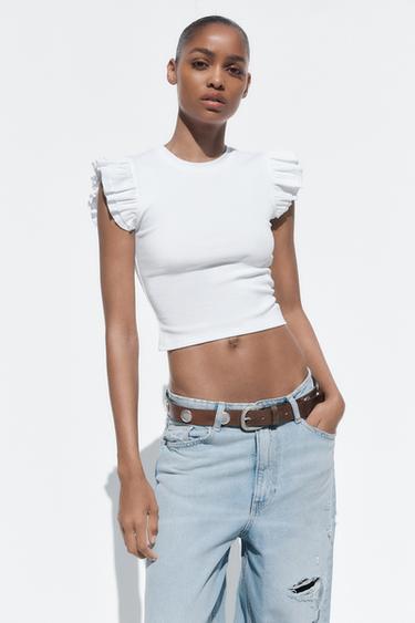 تيشرت RIB بفريلز - أبيض الخاص بـ Zara