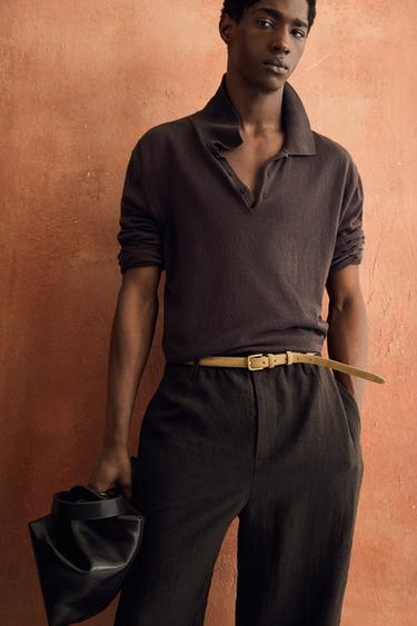 COTTON/LINEN KNIT POLO SHIRT - Chocolate by Zara