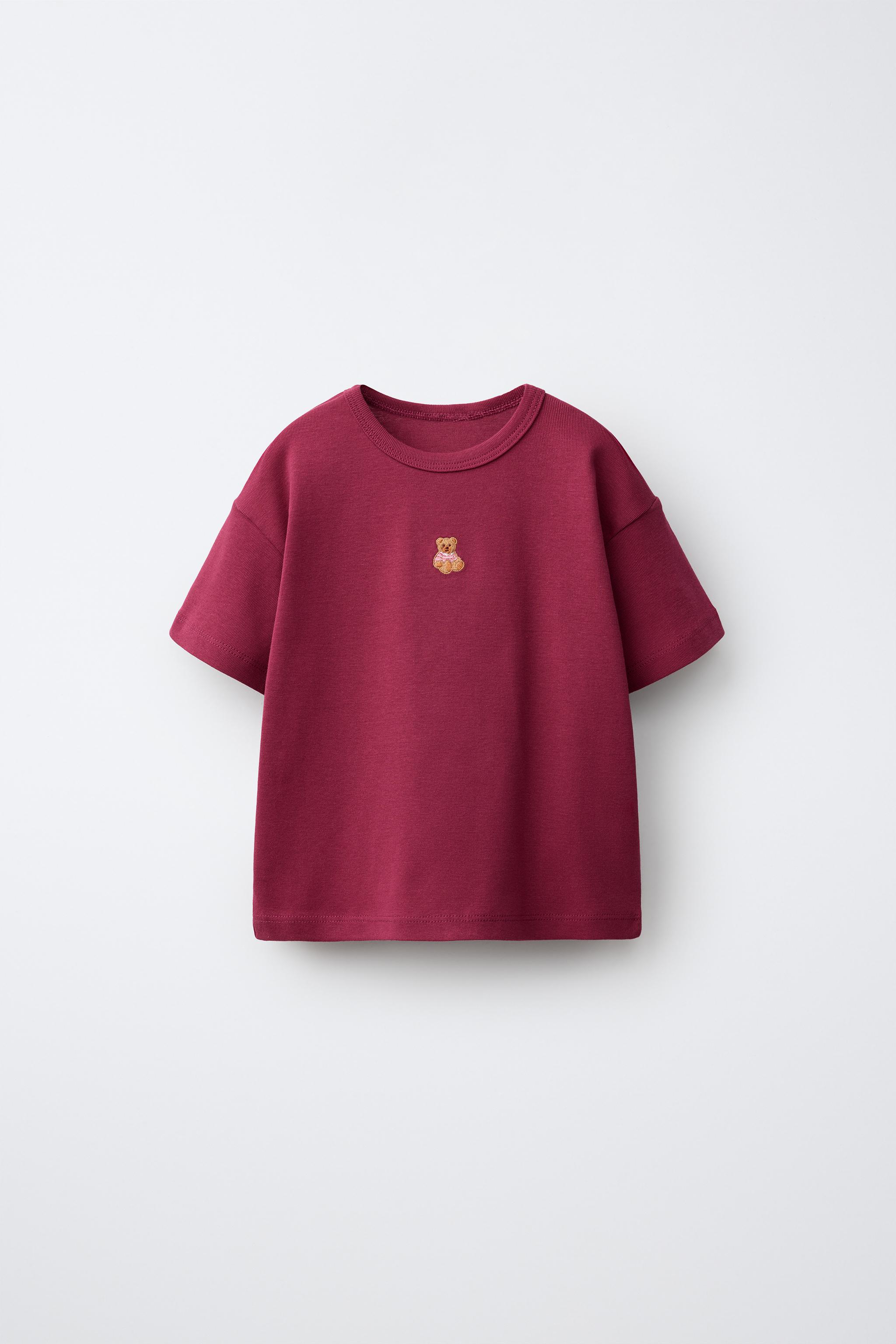 STRIPED BEAR EMBROIDERED T-SHIRT — Burgundy