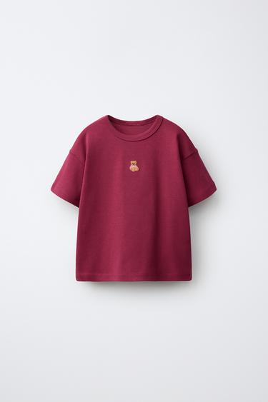 PLAIN T-SHIRT WITH BEAR EMBROIDERY - Burgundy by Zara