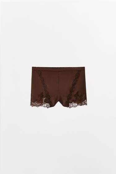 SHORTS SATINADO BORDADOS ENCAJE - Marrón de Zara