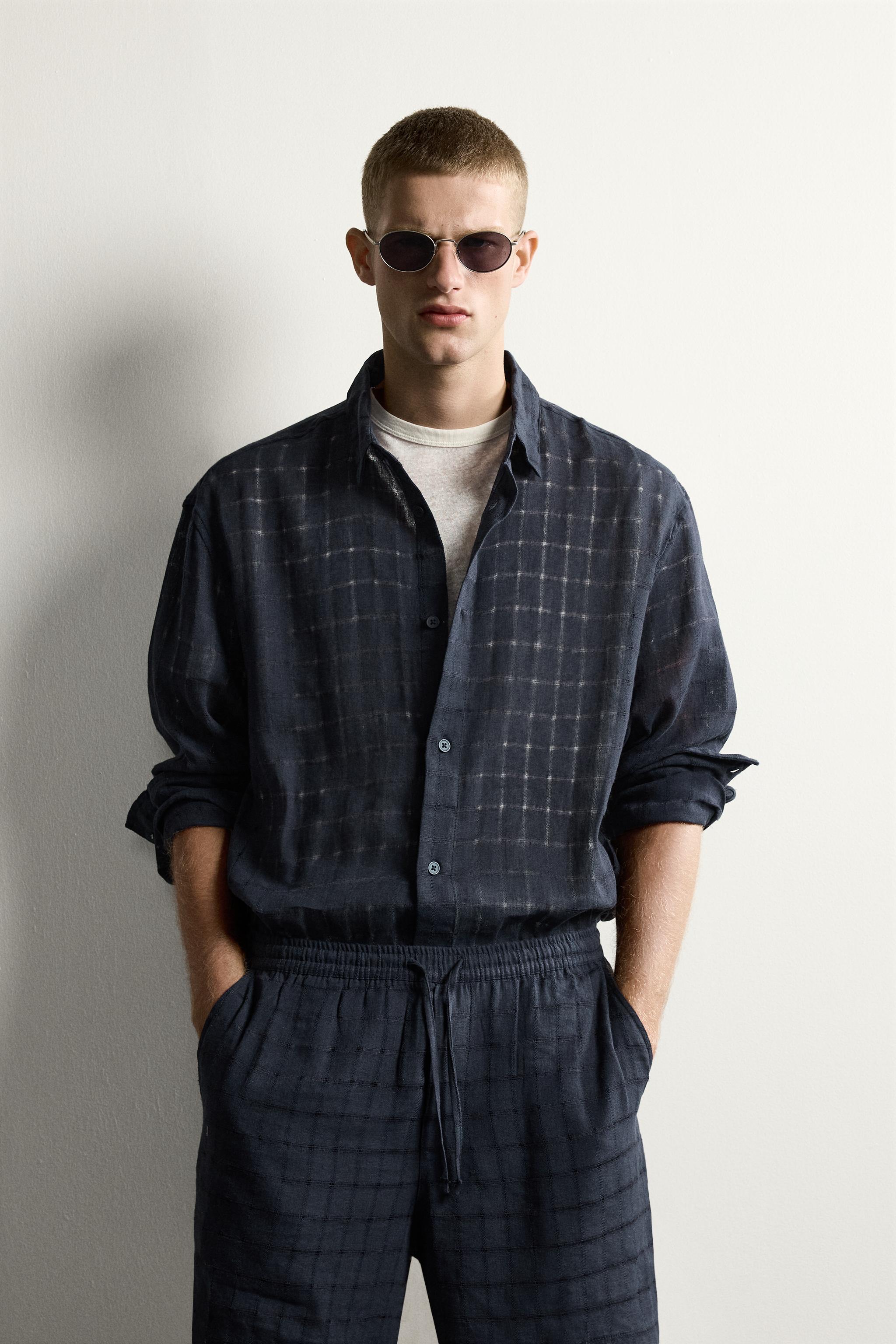 RELAXED FIT CHECKED LINEN COTTON JACQUARD SHIRT — Navy blue (alternate view)