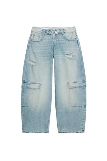 Zara MID-RISE TURN-UP WAISTBAND TRF BALLOON CARGO JEANS - Light blue