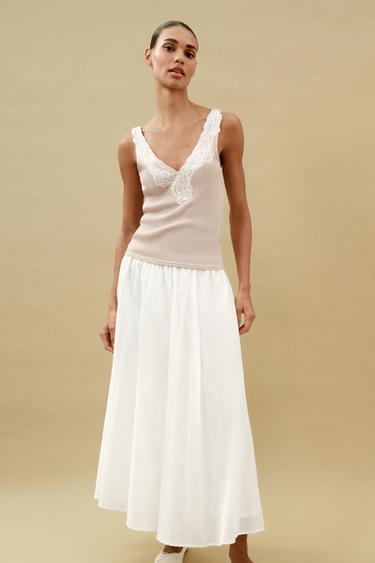 Zara LACE RIBBED TOP - Beige-pink