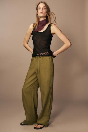 PANTALÓN PALAZZO LINO 100% ZW COLLECTION - Oliva de Zara