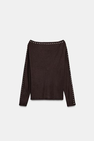 T-SHIRT COM TACHAS E MANGA MORCEGO - Castanho-escuro da Zara