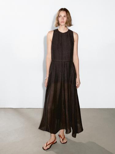 Zara 100% linen midi dress with frayed trims - Chocolate