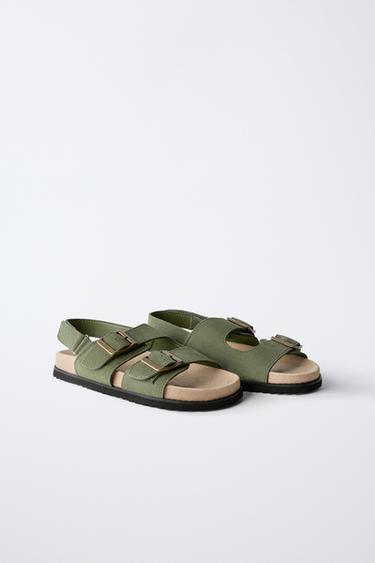 LEATHER BUCKLE SANDALS - Khaki Green by Zara - Image 1