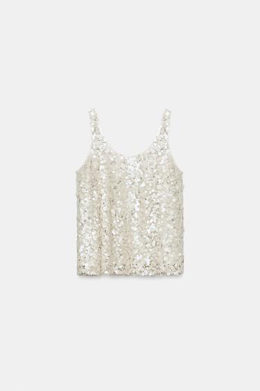 SEQUINNED STRAPPY TOP - Light beige by Zara